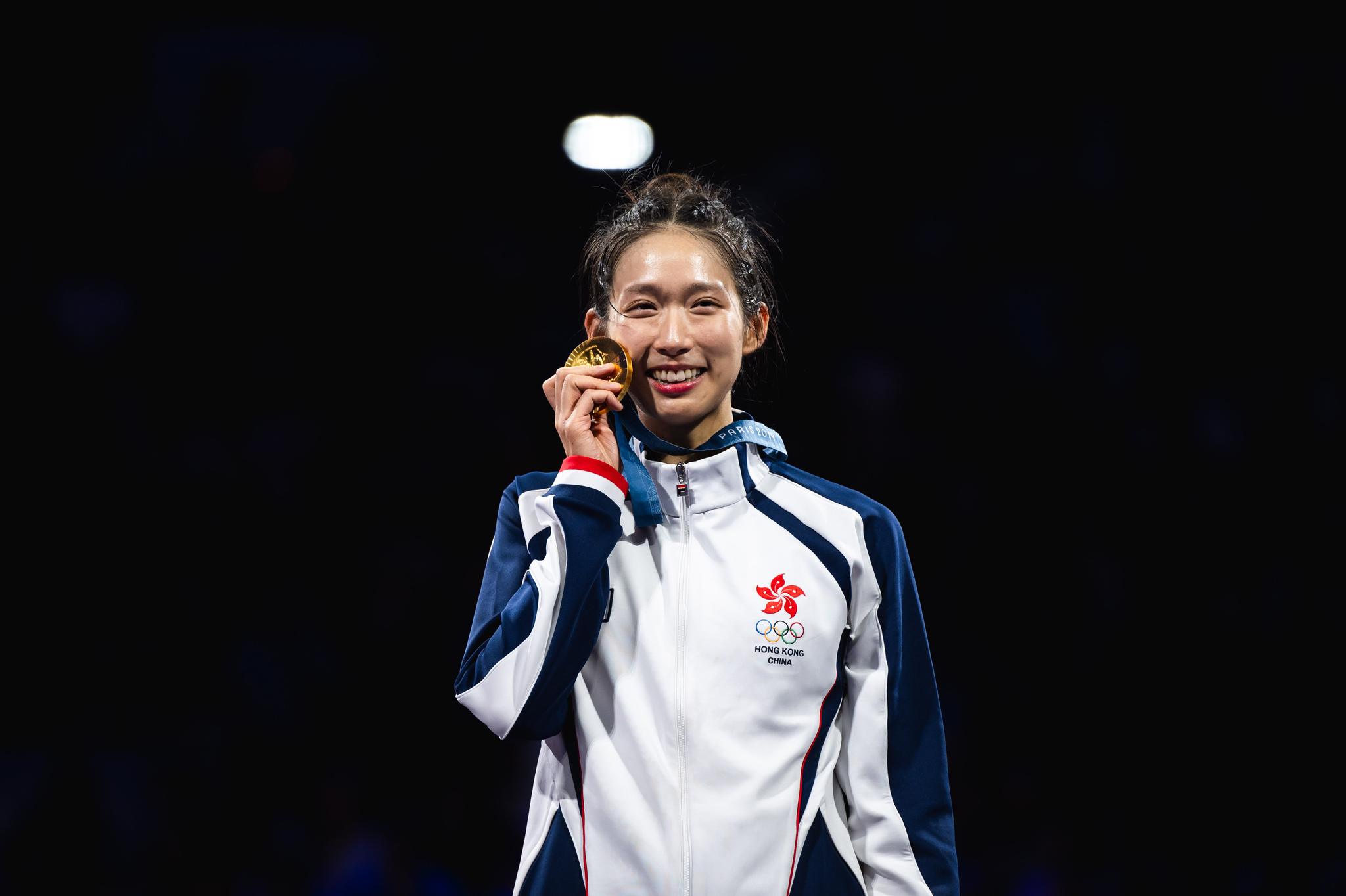 Fencer Vivian Kong celebrates winning the gold medal in the Women's Épée Individual event at the Paris Olympics. (2024)<br>Photo: SF&OC